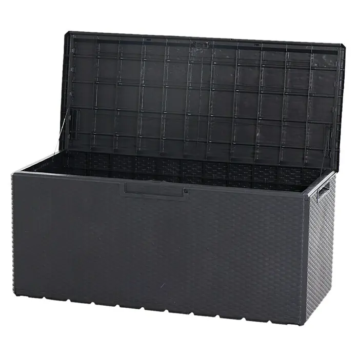 Toomax Gartenbox Portofino - 124 x 55 x 56 cm, Kunststoff, Anthrazit, Behältervolumen: 340 l - Abgebildete ist eine offene, schwarze Gartenbox mit geflochtener Optik, ideal zur Aufbewahrung von Gartenutensilien und Spielzeug im Freien.