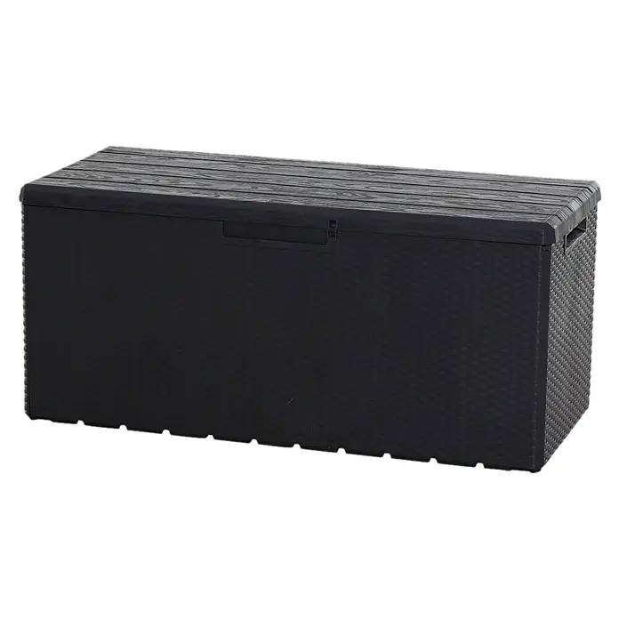 Toomax Gartenbox Portofino - 124 x 55 x 56 cm, Kunststoff, Anthrazit, Behältervolumen: 340 l - Schwarze Gartenbox mit Holzstruktur auf dem Deckel, ideal zur Aufbewahrung von Gartenutensilien und Sitzkissen.