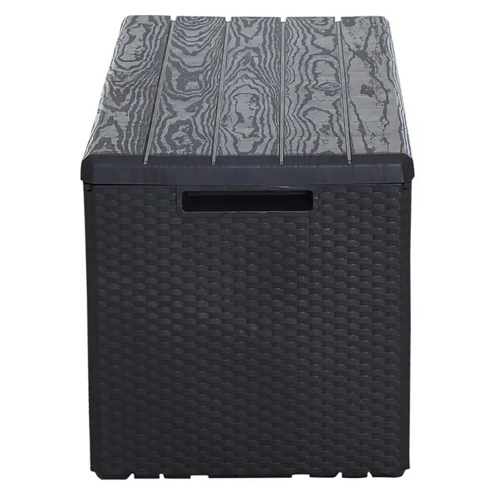 Toomax Gartenbox Portofino - 124 x 55 x 56 cm, Kunststoff, Anthrazit, Behältervolumen: 340 l - Eine dunkle Gartenbox mit Holzeffektdeckel und geflochtener Struktur, ideal für die Aufbewahrung im Freien.