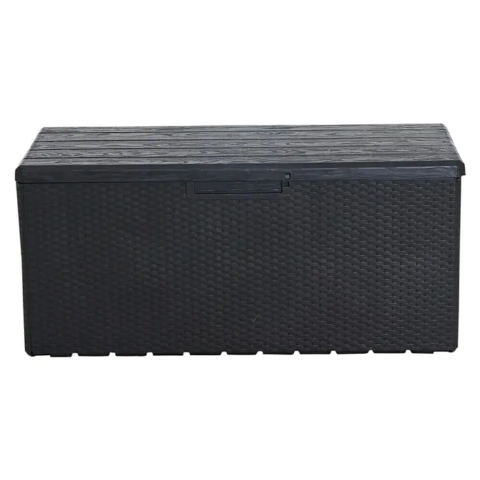 Toomax Gartenbox Portofino - 124 x 55 x 56 cm, Kunststoff, Anthrazit, Behältervolumen: 340 l - Eine schwarze Rattan-Gartenbox mit Holzstrukturdeckel zur Aufbewahrung von Gartenutensilien und mehr.