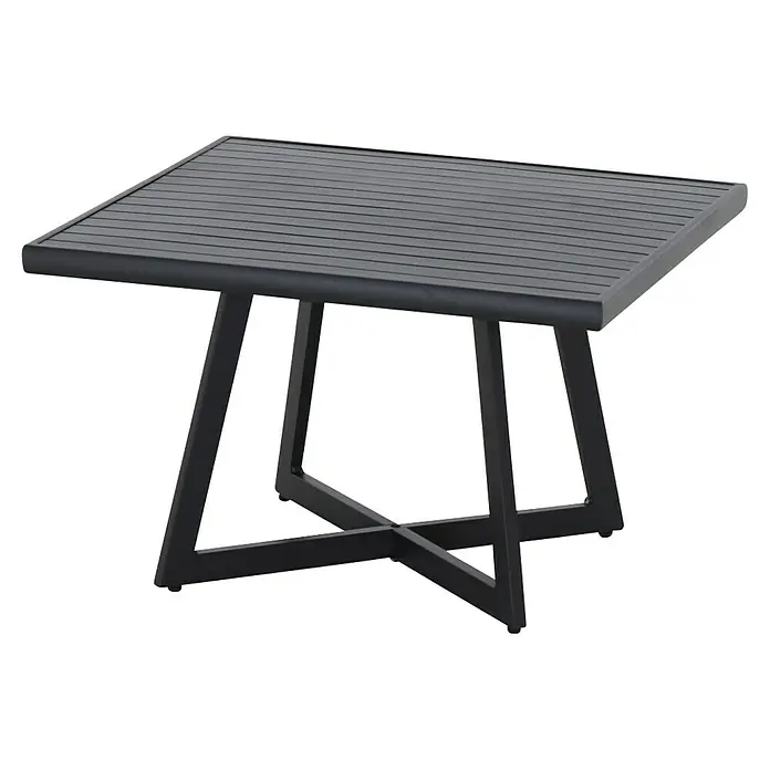 Siena Garden Garten-Beistelltisch Alexis - L x B x H: 70 x 70 x 45 cm, Aluminium, Kunststoff, Quadratisch, Anthrazit matt - Bild eines quadratischen Gartentisches aus dunklem Metall mit lamellenartiger Tischplatte und modernem Gestell.