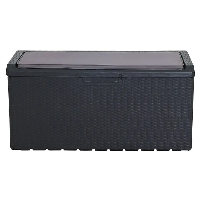 Toomax Gartenbox Portonovo - 124 x 55 x 59 cm, Kunststoff, Anthrazit, Behältervolumen: 350 l - Eine geflochtene, graue Gartenbank-Aufbewahrungsbox mit einer weichen Sitzauflage. Ideal für den Garten oder die Terrasse.