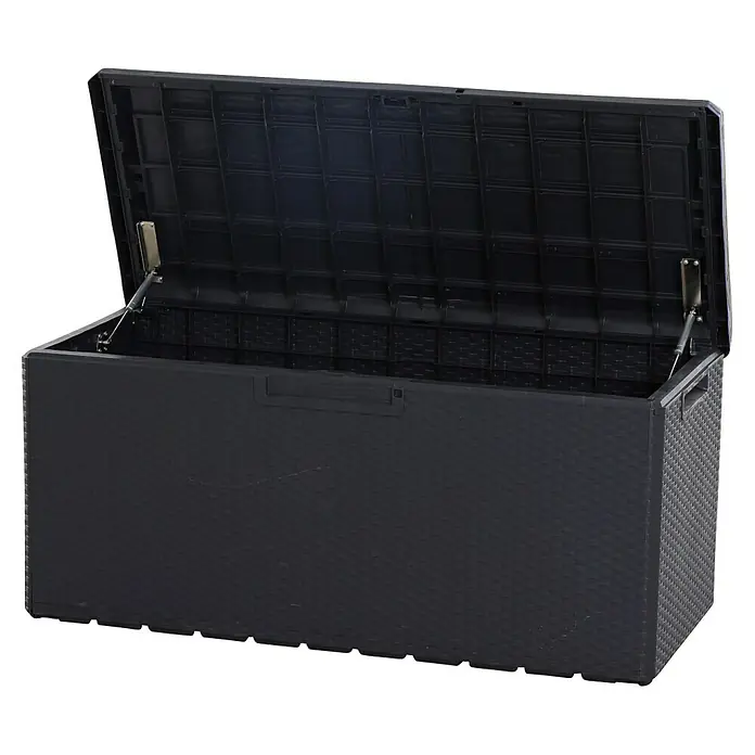 Toomax Gartenbox Portonovo - 124 x 55 x 59 cm, Kunststoff, Anthrazit, Behältervolumen: 350 l - Eine schwarze, wetterfeste Aufbewahrungsbox mit offenem Deckel, ideal für Garten, Terrasse oder Balkon zur Aufbewahrung von Kissen und Gartengeräten.