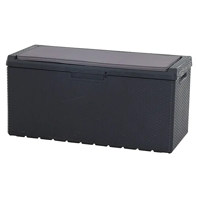 Toomax Gartenbox Portonovo - 124 x 55 x 59 cm, Kunststoff, Anthrazit, Behältervolumen: 350 l - Eine schwarze Gartenbox mit einem grauen Sitzkissen auf der Oberseite. Ideal für die Aufbewahrung im Freien und als Sitzgelegenheit.