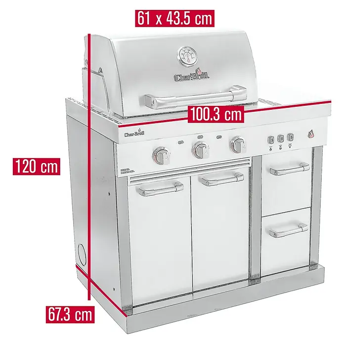 Char-Broil Outdoorküchen-Modul Ultimate 3200 - Silber, B x T x H: 100,3 x 67,3 x 120 cm, Edelstahl - Produktbild eines silberfarbenen Char-Broil-Grills mit Abmessungen, ideal für den Außenbereich.