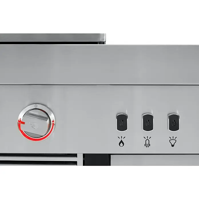 Char-Broil Outdoorküchen-Modul Ultimate 3200 - Silber, B x T x H: 100,3 x 67,3 x 120 cm, Edelstahl - Detailaufnahme eines Edelstahl-Grills mit Regler und Bedienelementen für Zündung und Beleuchtung, die eine hochwertige Ausstattung hervorheben.