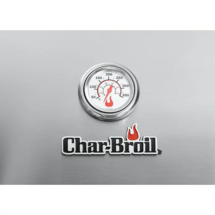 Char-Broil Gasgrill Professional Pro S2 - Anzahl Brenner: 2 - Nahaufnahme eines Char-Broil-Grills mit Temperaturanzeige und dem Logo, das Qualität und Erfahrung beim Grillen verspricht.