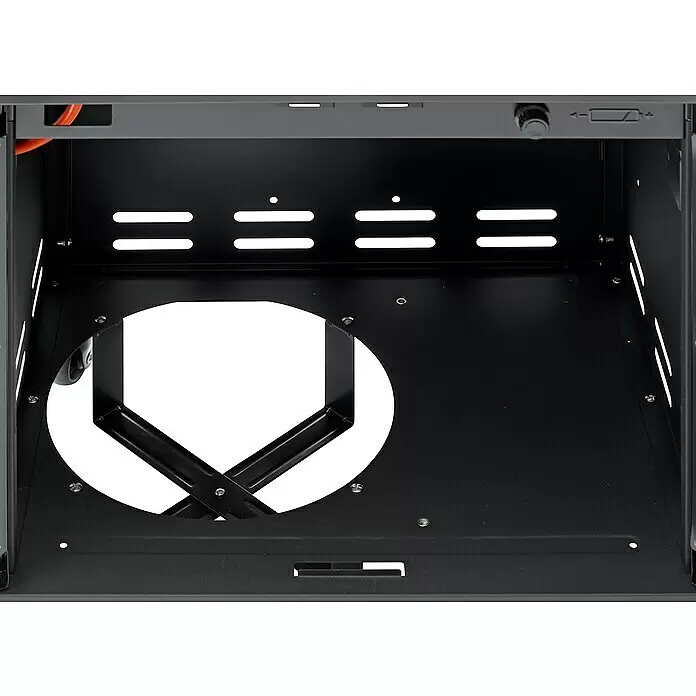 Char-Broil Gasgrill Professional Pro S2 - Anzahl Brenner: 2 - Dunkelgraues Metallschrank-Interieur mit rundem Bodenausschnitt für eine Gasflasche, zeigt Kontrollknopf und Lüftungsschlitze.