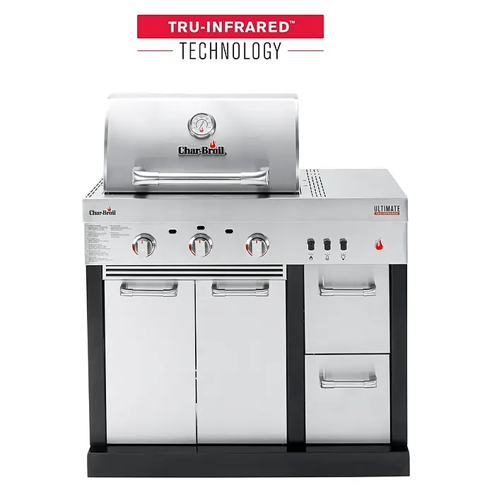 Char-Broil Outdoorküchen-Modul Ultimate 3200 - Silber, B x T x H: 100,3 x 67,3 x 120 cm, Edelstahl - Nahaufnahme eines Char-Broil Grills mit TRU-Infrared Technologie, der modernes Design und fortschrittliche Grillfunktionen vereint.