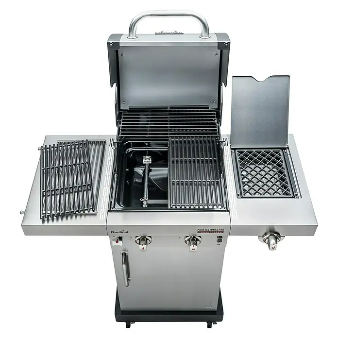 Char-Broil Gasgrill Professional Pro S2 - Anzahl Brenner: 2 - Nahaufnahme eines Char-Broil Professional PRO Gasgrills mit geöffnetem Deckel, der die Grillroste und den Seitenbrenner zeigt.