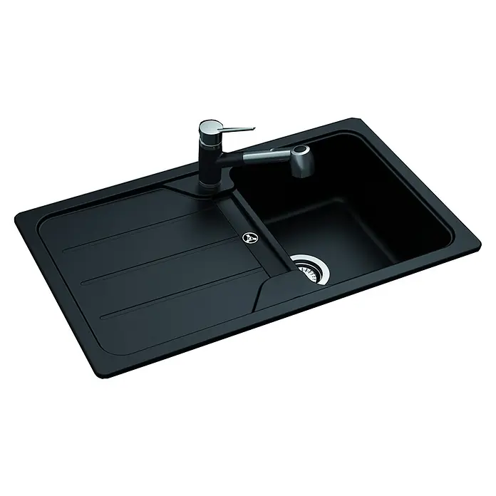 Pyramis Einbauspüle Mannheim - B x L: 86 x 50 cm, Onyx - Nahaufnahme einer schwarzen Küchenspüle mit Abtropffläche und modernem Wasserhahn, ideal für eine stilvolle Küchenausstattung.