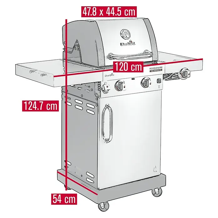 Char-Broil Gasgrill Professional Pro S2 - Anzahl Brenner: 2 - Abbildung eines Char-Broil Gasgrills mit den Maßen 47,8 x 44,5 cm (Deckel), 120 cm (Breite), 124,7 cm (Höhe) und 54 cm (Tiefe).