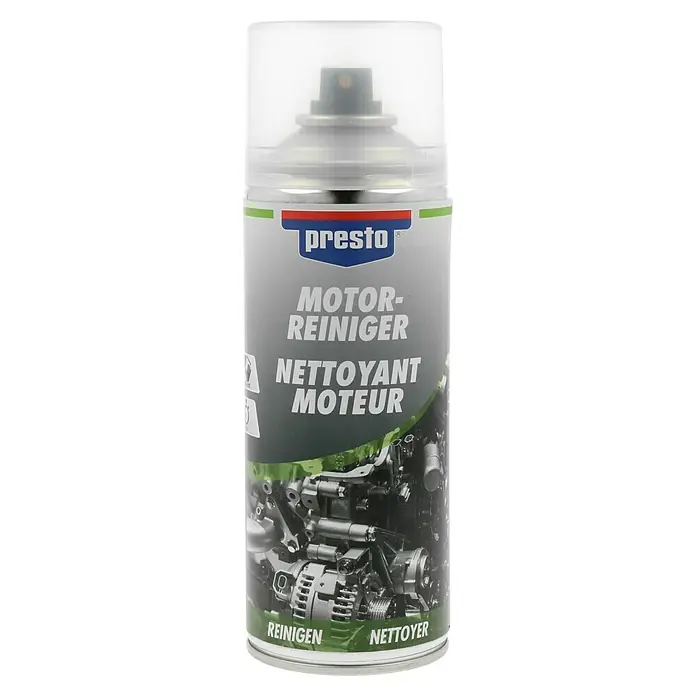Presto Motor- & Maschinenreiniger - 400 ml, Geeignet für: Autos - Dose Presto Motorreiniger, zur Reinigung von Motoren. Das Spray sorgt für Sauberkeit und Pflege im Motorraum, dargestellt durch ein Motorbild.