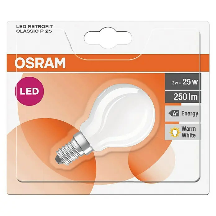 Osram LED-Lampe Tropfenform E14 matt - E14, Nicht Dimmbar, Warmweiß, 250 lm, 3 W - Produktverpackung einer Osram LED Retrofit Classic P 25 Glühbirne, 3W entspricht 25W, 250 Lumen, A+ Energieeffizienz, warmweißes Licht.