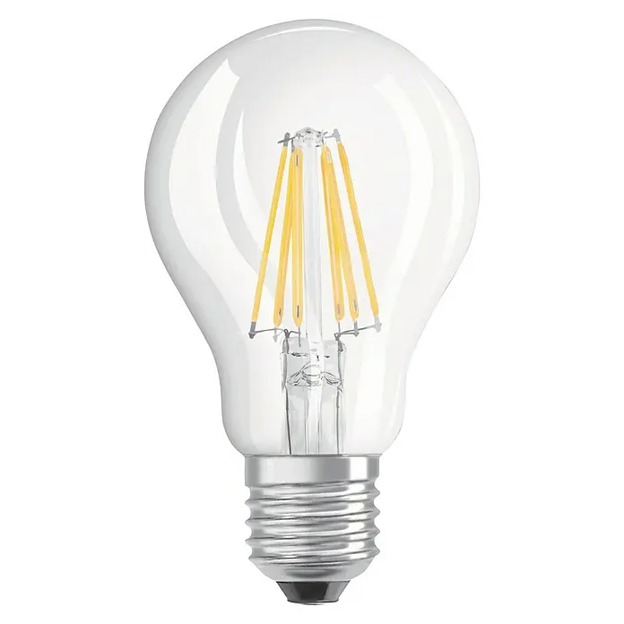Osram LED-Lampe Glühlampenform E27 - E27, Dimmbar, Warmweiß, 806 lm, 7 W - Nahaufnahme einer klaren LED-Glühbirne mit Filamenten, die energiesparende Beleuchtung und modernes Design vereint.