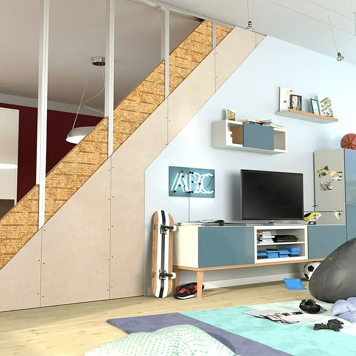 Rigips Rigidur Schnellbauschrauben - Durchmesser: 3,5 mm, Länge: 30 mm, 1.000 Stk. - Blick auf ein modernes, teilweise fertiggestelltes Wand- und Deckenprojekt mit sichtbarer Holzstruktur und blauen Akzenten.
