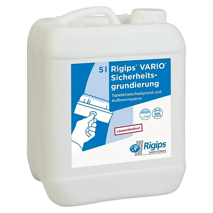 Rigips VARIO Sicherheitsgrundierung - 5 l - Weißer Kanister Rigips VARIO Sicherheitsgrundierung, lösemittelfrei, für Tapetenwechsel und als Aufbrennsperre, Gebindegröße 5 Liter.