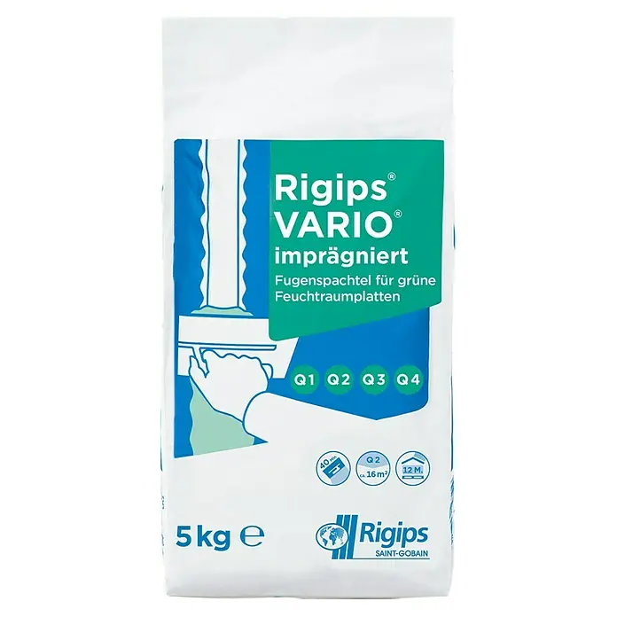 Rigips VARIO Fugenspachtel - 5 kg - Sack Rigips VARIO imprägniert Fugenfüller für Feuchträume, 5 kg, ideal für Q1-Q4 Qualitätsstufen, ca. 16m² Ergiebigkeit.