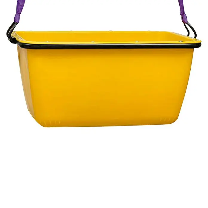 Probau FertigmörtelkübelFassungsvermögen: 200 l, Kranbar, 105 x 70 x 47 cm - Gelber Maurerkübel mit schwarzem Rand und violetten Trägern, ideal für Baustellen und Renovierungsarbeiten.