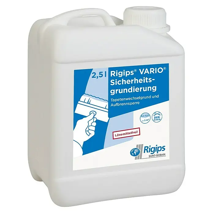 Rigips VARIO Sicherheitsgrundierung - 2,5 l - Ein weißer Kanister Rigips® VARIO® Sicherheitsgrundierung (2,5 l) ist zu sehen. Grundierung für Tapetenwechsel und Aufbrennsperre.