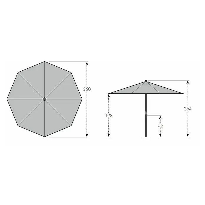 Doppler Alu Wood Marktschirm rund Ultra - Natur, Durchmesser Bespannung: 350 cm - Darstellung eines Sonnenschirms mit seinen Abmessungen in einer technischen Zeichnung. Er ist 350 cm breit und 264 cm hoch.
