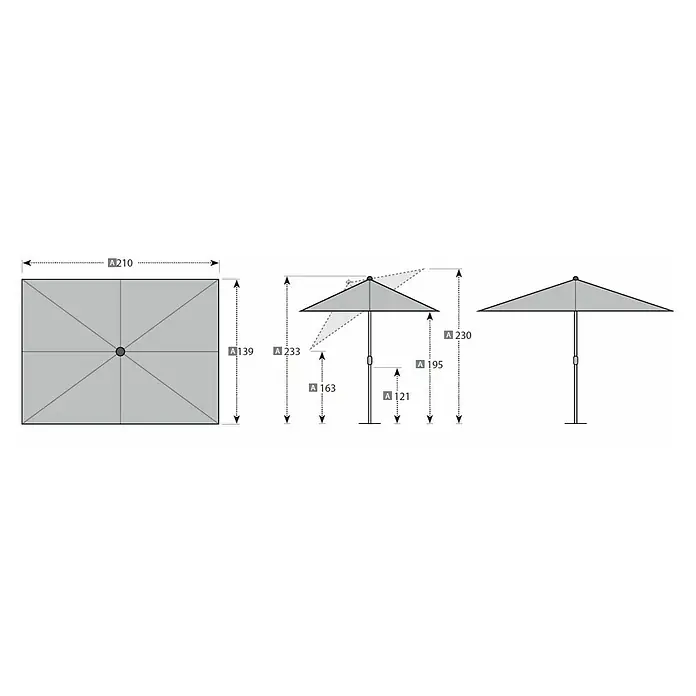 Doppler Alu Wood Marktschirm Ultra - Natur, Bespannungsmaß (L x B): 210 x 140 cm - Diagramm eines rechteckigen Sonnenschirms mit seitlichem Mast, das seine Abmessungen in verschiedenen Positionen zeigt.