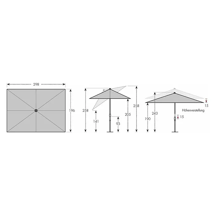 Doppler Alu Wood Marktschirm Ultra - Greige, Bespannungsmaß (L x B): 300 x 200 cm - Produktabbildung eines quadratischen Sonnenschirms mit Maßen und Höhenverstellung für den Außenbereich.