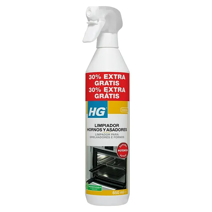 HG Limpiador para horno y parrilla - 650 ml - Un pulverizador de limpiador de hornos y parrillas HG con un 30% extra. El limpiador es biodegradable y apto para la cocina.