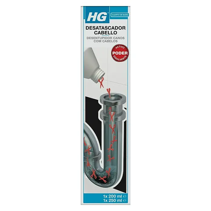 HG Desatascador líquido de cabello - 450 ml, Botella - Imagen del producto de desatascador de desagües HG para eliminar obstrucciones de cabellos en desagües con 200 o 250 ml.