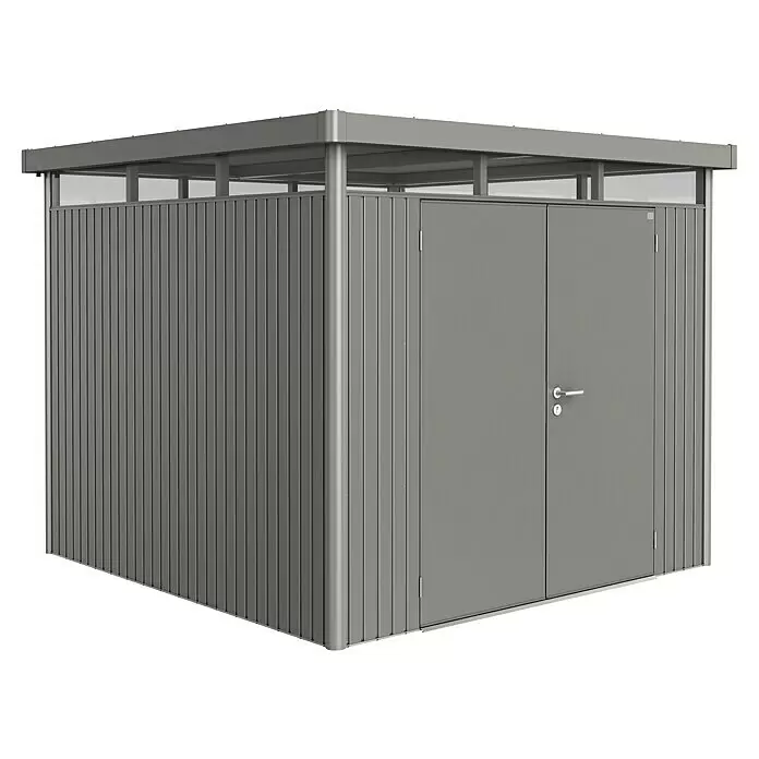 Biohort HighLine Gerätehaus HighLine H4 - Quarzgrau Metallic, Doppeltür, Außenbreite inkl. Dachüberstand: 275 cm, Außentiefe inkl. Dachüberstand: 275 cm, Stahl - Diagonale Ansicht