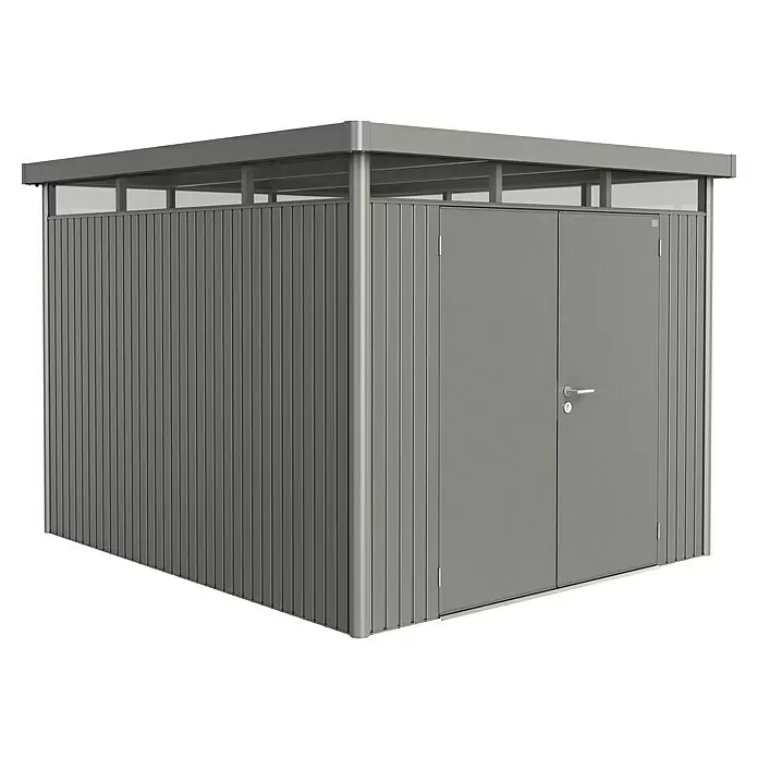 Biohort HighLine Gerätehaus HighLine H5 - Quarzgrau Metallic, Doppeltür, Außenbreite inkl. Dachüberstand: 275 cm, Außentiefe inkl. Dachüberstand: 315 cm, Stahl - Diagonale Ansicht