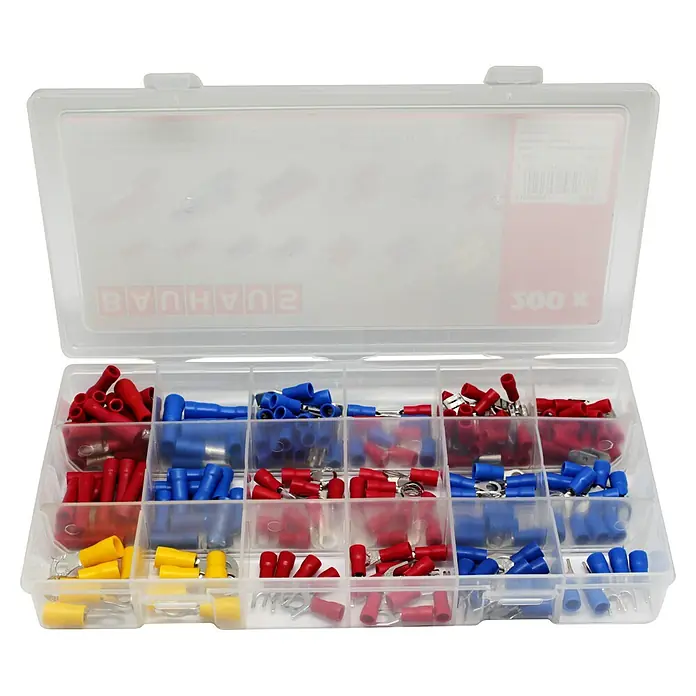 BAUHAUS Kabelschuhsortiment - 200 Stk. - Eine transparente Sortimentsbox mit isolierten Aderendhülsen in Gelb, Rot und Blau, ideal für elektrische Verbindungen.