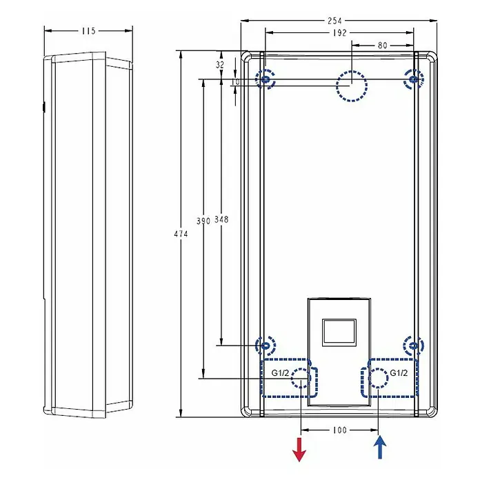 Thermoflow Durchlauferhitzer Elex 21N - 21 kW, Elektronisch, Geschlossen - Produktansicht mit Maßangaben: Das Bild zeigt die detaillierten Maße des Produkts für eine präzise Installation.