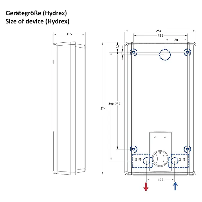 Thermoflow Durchlauferhitzer Hydrex 21 - 21 kW, Hydraulisch, Geschlossen - Gerätegröße Hydrex-Abmessungen.