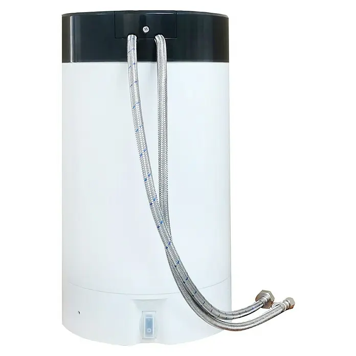 Thermoflow Untertischspeicher und Armatur 100 R - 5 l, 2.200 W, Temperaturbereich: 35 °C - 100 °C, Armatur rund - Eine Nahaufnahme eines Warmwasserbereiters mit schwarzen und weißen Elementen sowie zwei silberfarbenen Schläuchen.