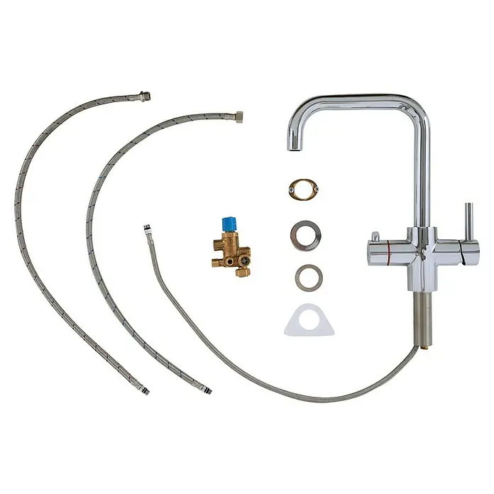 Thermoflow Untertischspeicher und Armatur 100 E - 5 l, 2.200 W, Temperaturbereich: 35 °C - 100 °C, Armatur eckig - Auf diesem Bild ist ein neues verchromtes Küchenarmatur-Set zu sehen, komplett mit Schläuchen, Dichtungen und einem Ventil, bereit für die Installation.