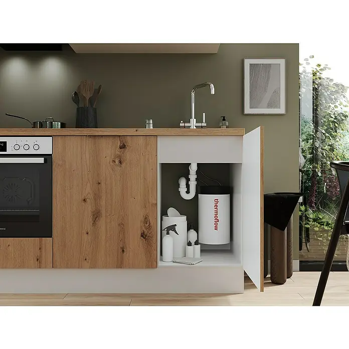 Thermoflow Untertischspeicher und Armatur 100 E - 5 l, 2.200 W, Temperaturbereich: 35 °C - 100 °C, Armatur eckig - Untertischgerät "thermoflow" im Küchenschrank. Warmwasserbereiter für die Küche, kompakt und effizient.