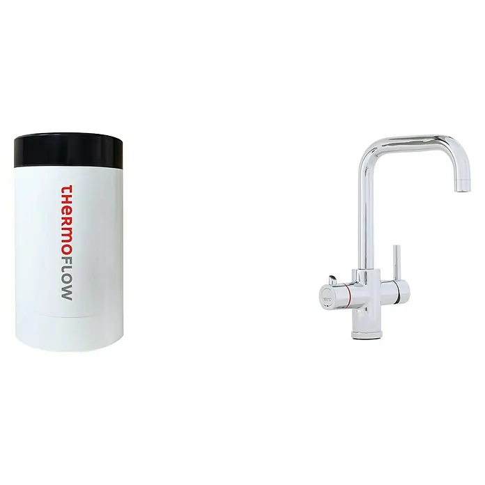 Thermoflow Untertischspeicher und Armatur 100 E - 5 l, 2.200 W, Temperaturbereich: 35 °C - 100 °C, Armatur eckig - Nahaufnahme von Thermoflow-Wasserboiler und modernem Wasserhahn. Ideal für die schnelle Warmwasserbereitung in der Küche.