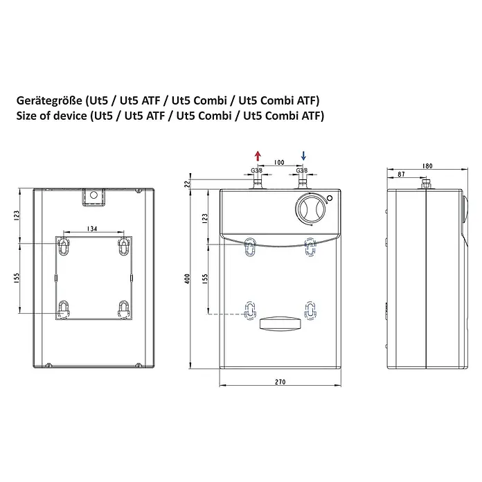 Thermoflow Warmwasserspeicher UT 5 N - 5 l, Untertischmontage - Technische Zeichnung des Ut5 Kombi-Warmwasserbereiters mit Abmessungen für Installation, Anschluss und Größenangaben.