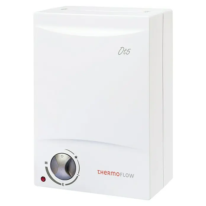 Thermoflow Warmwasserspeicher OT 5 - 5 l, Temperaturbereich: 30 °C - 75 °C - Nahaufnahme eines Thermoflow-Warmwasserbereiters. Das weiße Gehäuse und das Bedienfeld mit dem Drehknopf sind gut sichtbar.