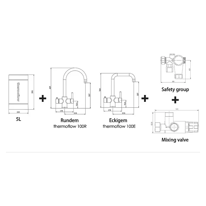 Thermoflow Untertischspeicher und Armatur 100 R - 5 l, 2.200 W, Temperaturbereich: 35 °C - 100 °C, Armatur rund - Produktabbildung: Thermoflow 5L Boiler, Rundem & Eckigem Wasserhahn, Sicherheitsgruppe und Mischventil mit Maßangaben.