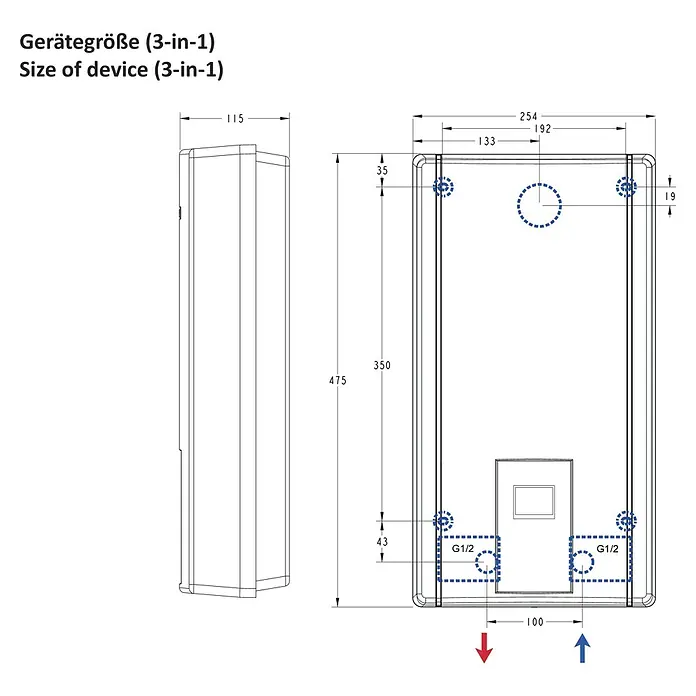 Thermoflow Durchlauferhitzer Elex 3 in 1 - 24 kW, Elektronisch, Geschlossen - Schemazeichnung eines Geräts (3-in-1) mit Maßangaben zu Breite, Höhe und den Positionen der Anschlüsse.