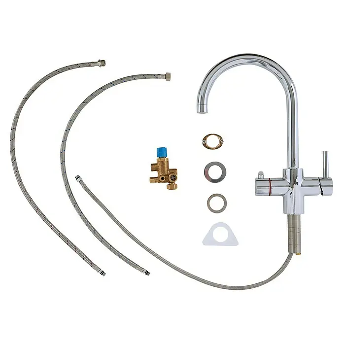 Thermoflow Untertischspeicher und Armatur 100 R - 5 l, 2.200 W, Temperaturbereich: 35 °C - 100 °C, Armatur rund - Ein komplettes Set für einen Wasserhahn mit allen notwendigen Teilen, inklusive Schläuche und Befestigungen.