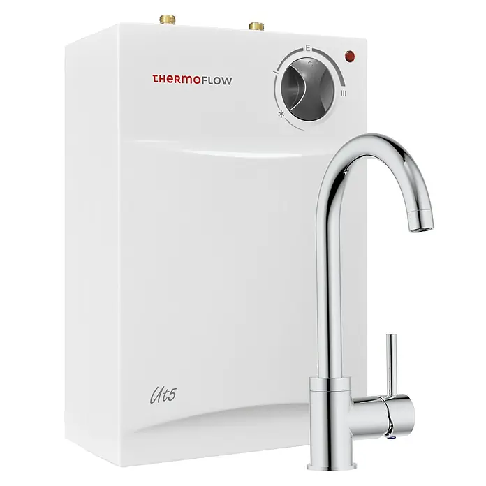 Thermoflow Warmwasserspeicher UT 5 mit Armatur Ovalis - 5 l, 2.000 W, Untertischmontage - Bild eines Thermoflow UT5 Warmwasserbereiters mit zugehörigem Wasserhahn.