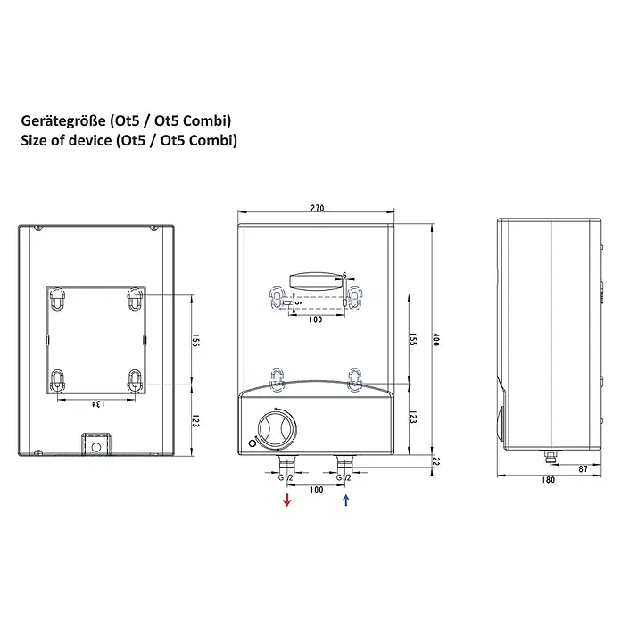 Thermoflow Warmwasserspeicher OT 5 - 5 l, Temperaturbereich: 30 °C - 75 °C - Abbildung der Geräteabmessungen des Ot5/Ot5 Combi Heizgeräts mit Bemaßungen, die die Größe und die Positionen der Anschlüsse zeigen.