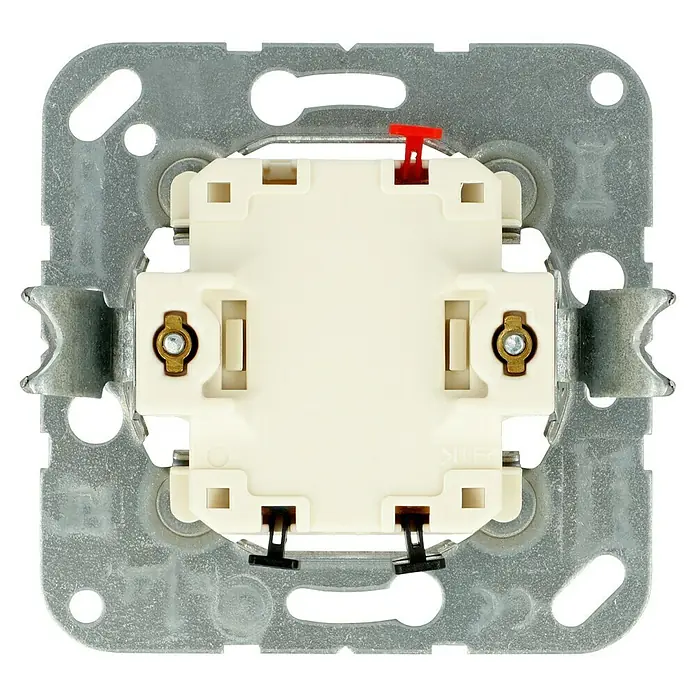 Jung Wechselschalter-Einsatz 506U - 10 A, Unterputzmontage - Nahaufnahme eines Schalters mit Metallrahmen und cremefarbener Mitte, der die Details der elektrischen Installation zeigt.