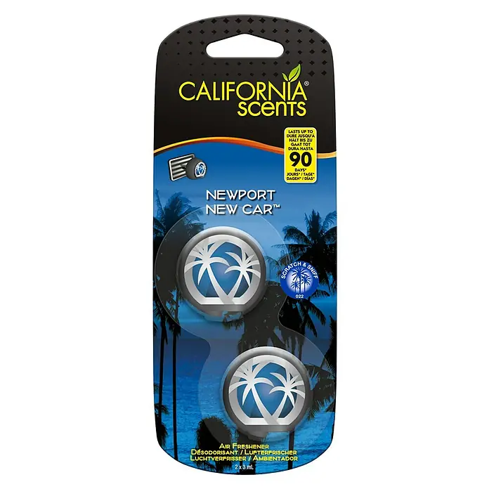 California Scents Autoduft Mini-Diffuser - Newport New Car, 90 Tage, 2 Stk. - Kalifornische Düfte Newport New Car Lufterfrischer mit Kratz- und Riechfunktion, sorgt für bis zu 90 Tage für einen frischen Duft im Auto.