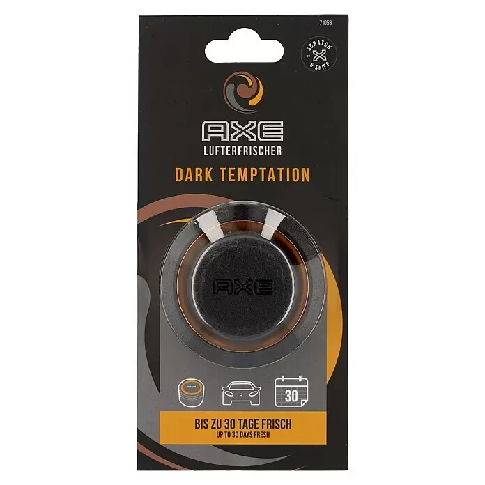 Axe Ambientador de coche Gel - Dark Temptation - Ambientador de coche Axe 'Dark Temptation' negro y redondo en su embalaje, con 'scratch & sniff' y 'hasta 30 días fresco'.