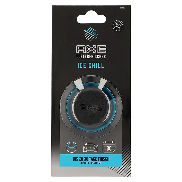 Axe Ambientador de coche Gel - Ice Chill - Imagen de un ambientador Axe "Ice Chill", que promete hasta 30 días de frescor, con un diseño redondo y acentos azules.