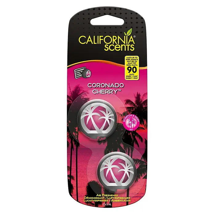 California Scents Autoduft Mini-Diffuser - Coronado Cherry, 90 Tage, 2 Stk. - California Scents Coronado Cherry Lufterfrischer mit einem tropischen Design und einem angenehmen Kirschduft für Ihr Auto oder Zuhause.